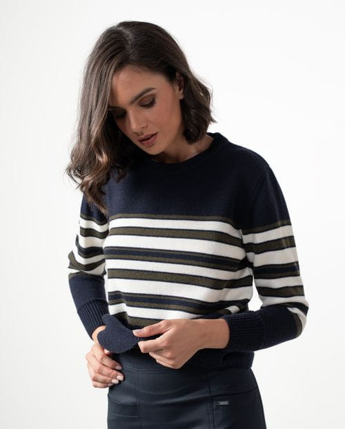 Wool sweater with a crew neck and sailor-style with stripes in three colours