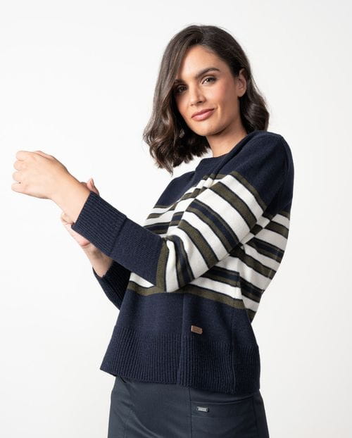 Wool sweater with a crew neck and sailor-style with stripes in three colours