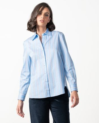 Blue poplin shirt with white and tan stripes