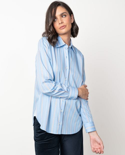 Blue poplin shirt with white and tan stripes