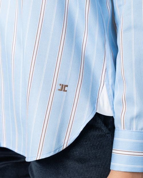 Blue poplin shirt with white and tan stripes