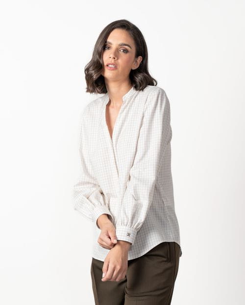Camisa de escote redondo y manga abullonada en cuadros ventana