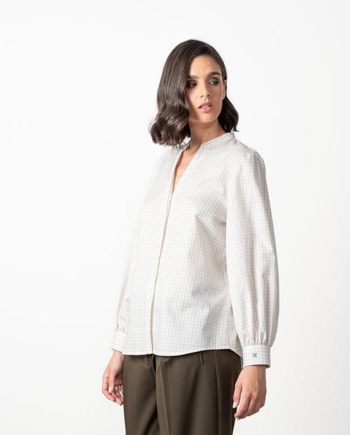 Camisa de escote redondo y manga abullonada en cuadros ventana