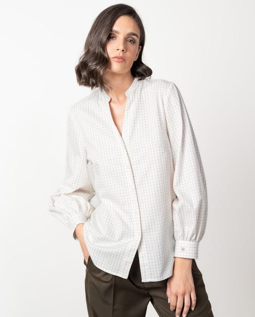 Camisa de escote redondo y manga abullonada en cuadros ventana