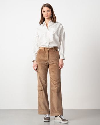 Wide-leg cargo style trousers in elastic corduroy fabric