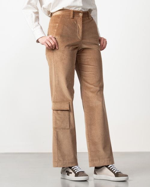 Wide-leg cargo style trousers in elastic corduroy fabric
