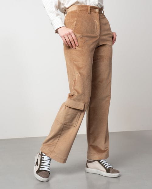 Wide-leg cargo style trousers in elastic corduroy fabric