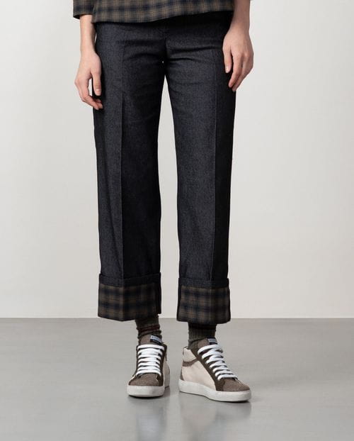 Jeans with turned-up cuffs in contrasted Madras checks