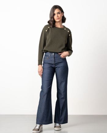 Five-pockets jeans with extra-long semi-flared leg