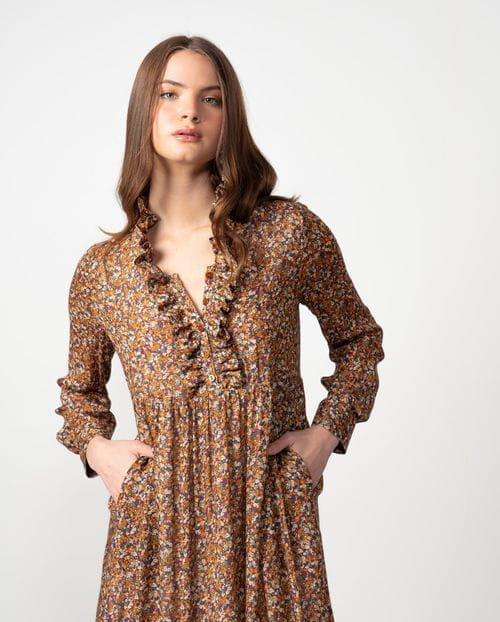 Vestido midi en lana-viscosa con estampado Liberty