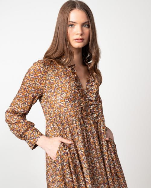 Vestido midi en lana-viscosa con estampado Liberty
