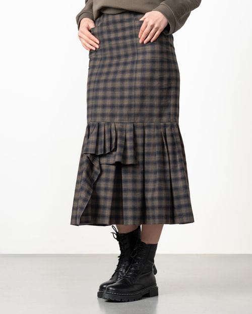 Falda midi entallada con volantes en el bajo en popelín afranelado de cuadros