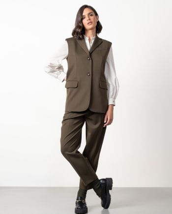 Long vest with shoulder pads and lapels made from polyester-viscose cool wool-style fabric