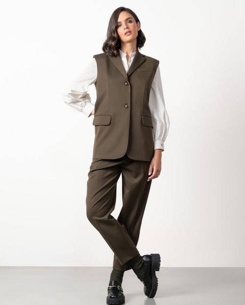 Long vest with shoulder pads and lapels made from polyester-viscose cool wool-style fabric