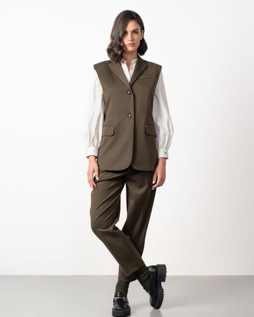 Long vest with shoulder pads and lapels made from polyester-viscose cool wool-style fabric
