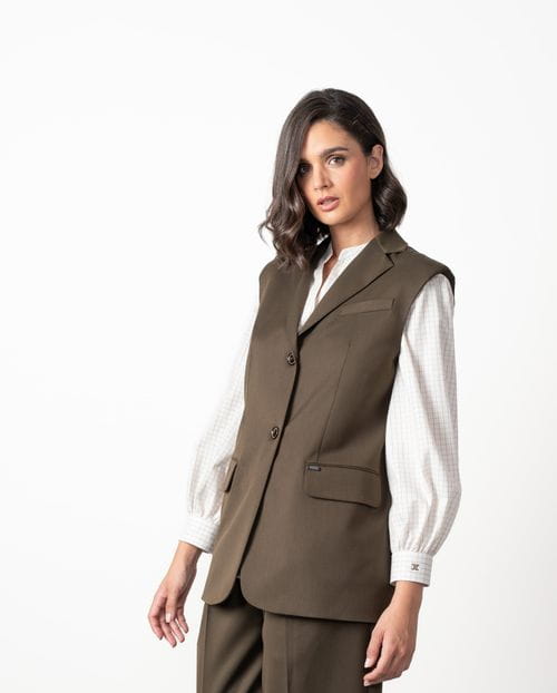 Long vest with shoulder pads and lapels made from polyester-viscose cool wool-style fabric