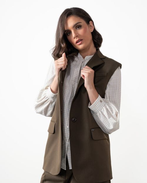 Long vest with shoulder pads and lapels made from polyester-viscose cool wool-style fabric