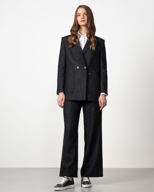 Chaqueta americana larga cruzada en sarga de lana con raya diplomática