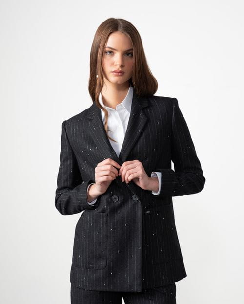 Chaqueta americana larga cruzada en sarga de lana con raya diplomática