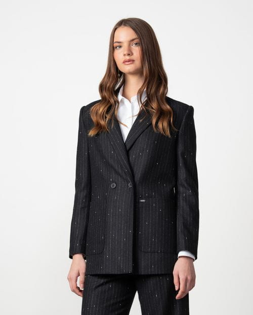 Chaqueta americana larga cruzada en sarga de lana con raya diplomática