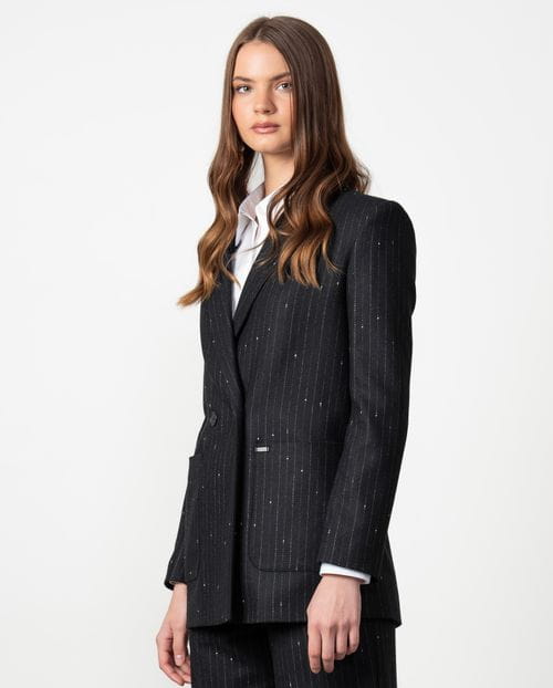 Chaqueta americana larga cruzada en sarga de lana con raya diplomática