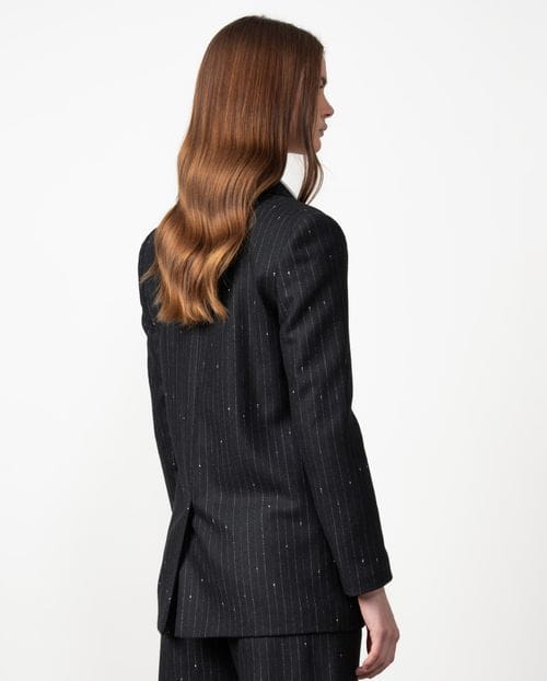 Chaqueta americana larga cruzada en sarga de lana con raya diplomática