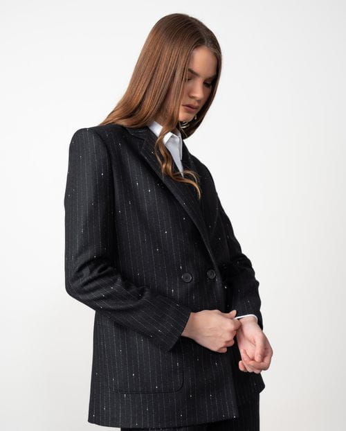 Chaqueta americana larga cruzada en sarga de lana con raya diplomática