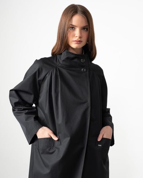Oversize dustercoat with funnel neck made in water-repellent twill fabric