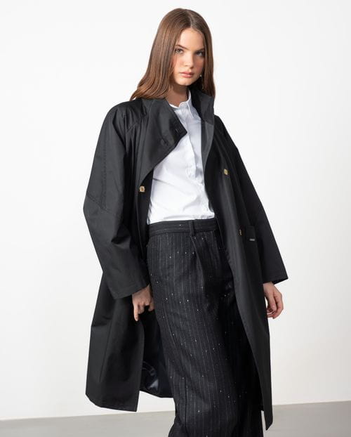 Oversize dustercoat with funnel neck made in water-repellent twill fabric