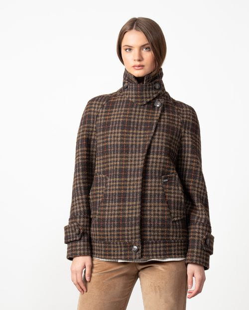 Double-breasted short coat with hidden fastening and funnel collar made from checked wool fabric