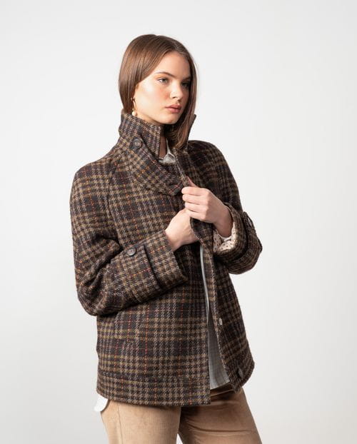 Double-breasted short coat with hidden fastening and funnel collar made from checked wool fabric