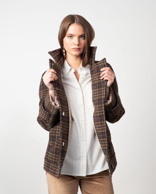 Double-breasted short coat with hidden fastening and funnel collar made from checked wool fabric
