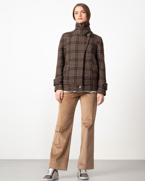 Double-breasted short coat with hidden fastening and funnel collar made from checked wool fabric