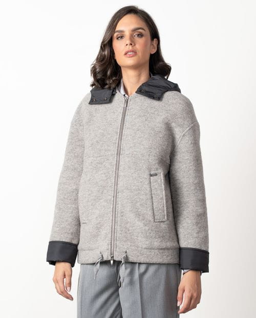Combined short coat with boiled wool and quilted nylon fabric, detachable hood and zipper fastening