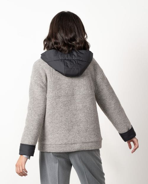 Combined short coat with boiled wool and quilted nylon fabric, detachable hood and zipper fastening