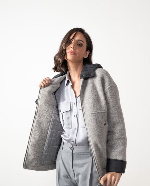 Combined short coat with boiled wool and quilted nylon fabric, detachable hood and zipper fastening