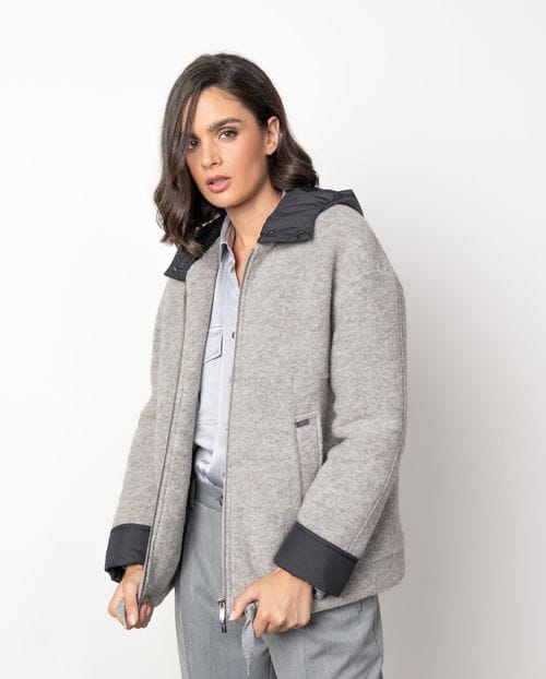 Combined short coat with boiled wool and quilted nylon fabric, detachable hood and zipper fastening