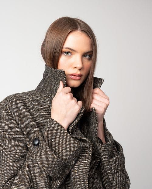 Funne collar long coat with one lapel made from cheviot wool