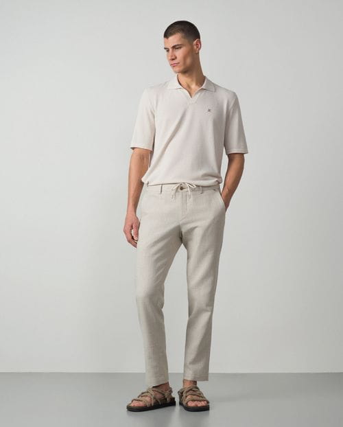 Sport trouser with cord and elastic waistband made of linen-cotton squared fabric