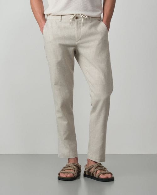 Sport trouser with cord and elastic waistband made of linen-cotton squared fabric