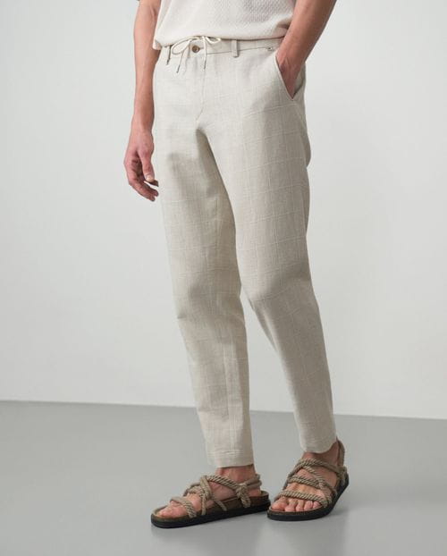 Sport trouser with cord and elastic waistband made of linen-cotton squared fabric