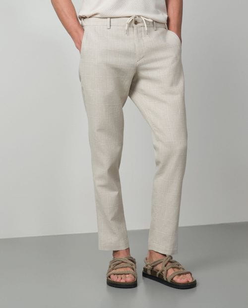 Sport trouser with cord and elastic waistband made of linen-cotton squared fabric