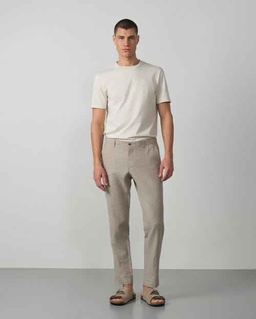 Sport trouser with cord and elastic waistband made of linen-cotton pinstripe fabric