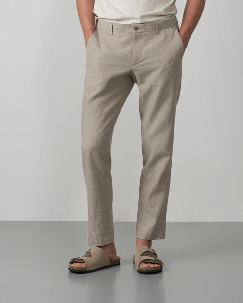 Sport trouser with cord and elastic waistband made of linen-cotton pinstripe fabric