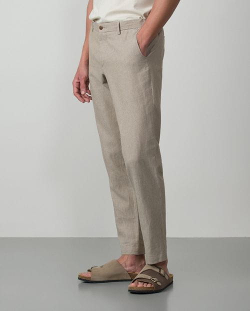 Sport trouser with cord and elastic waistband made of linen-cotton pinstripe fabric