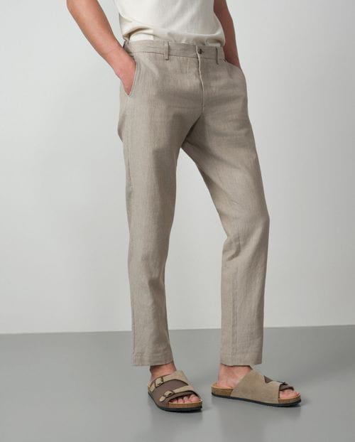 Sport trouser with cord and elastic waistband made of linen-cotton pinstripe fabric