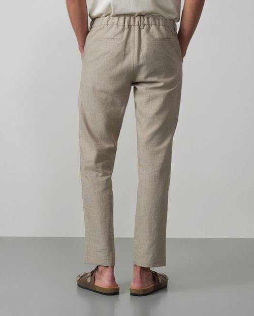 Sport trouser with cord and elastic waistband made of linen-cotton pinstripe fabric