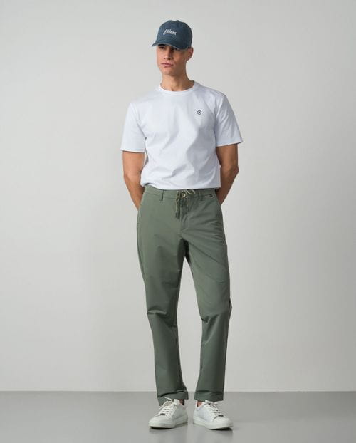 Trousers with cord and elastic waistbrand made of flexible technical fabric