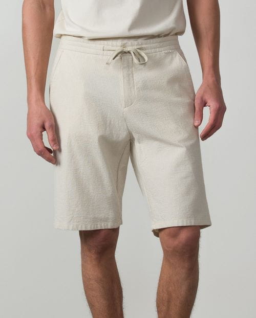 Elastic striped cotton seersucker bermuda short with cord and elastic waistband