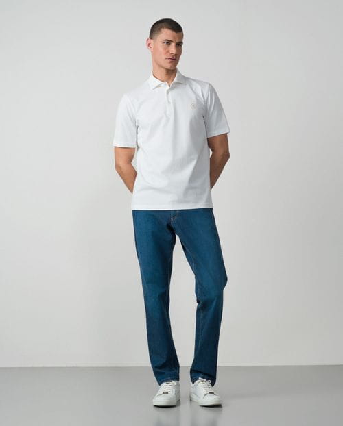 Short sleeved polo shirt with shirt collar in mercerised plain circular point